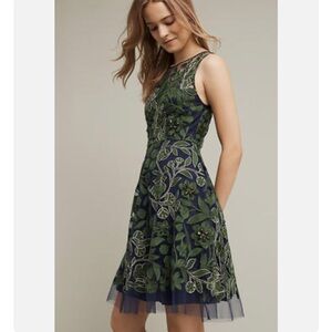 Pankaj & Nidhi Anthropologie sz 6 Fern Embroidered Dress Lace Embellished